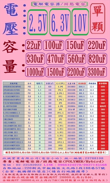 電壓:2.5+6.3+10V,容量:22-3300uF,電解電容器/固態電容,單顆下標網址-庫存數量以當時數量為主