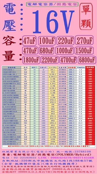 電壓:16V,容量:1000uF-6800uF,電解電容器/固態電容-單顆下標網址: