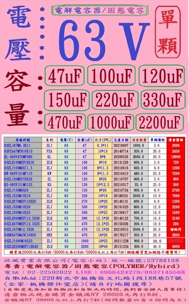 電壓:63V,容量:47+100+120+150++-220+270+330+390+470+1000+2200uF,電解電容器/固態電容(POLYMER/Hybird)-單顆下標網址-
