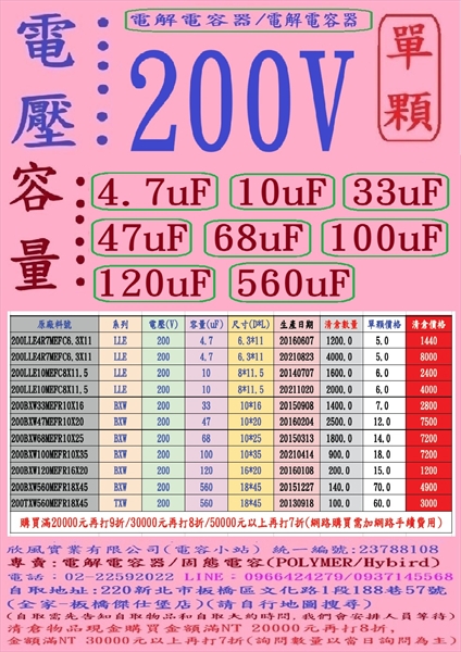 容量:4.7+10+33+47+100+120+560uF,電壓:200V,電解電容器(E-CAP/CAPACITORS), 單顆下標網址-庫存數量以當時數量為主