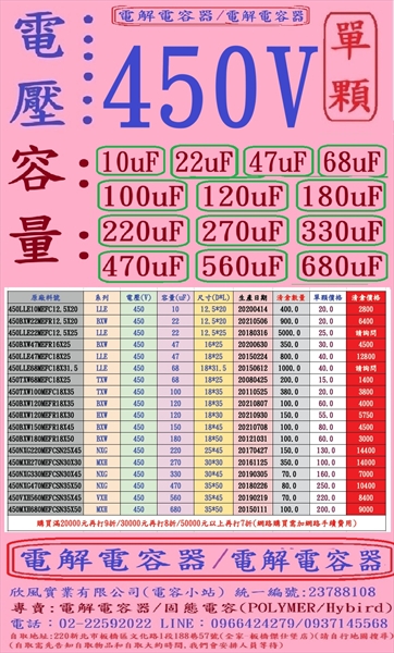電壓:450V,容量:10uF-270uF,電解電容器/固態電容-單顆下標網址-