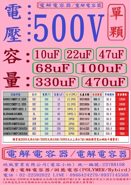 電壓:500V,容量:10uF-330uF,電解電容器(E-CAP/CAPACITORS)-單顆下標網址-