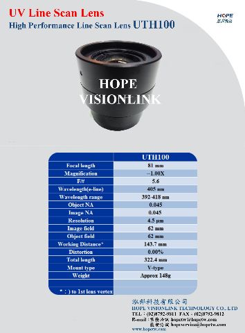 UTH100 (1X) UV Line Scan Lens 對應 UV Line Scan Camera