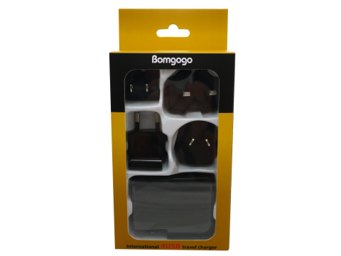 Bomgogo 5A/25W 4USB急速充電器(黑) 附萬國轉換接頭 內建蘋果電阻 過電流保護 全速充電-