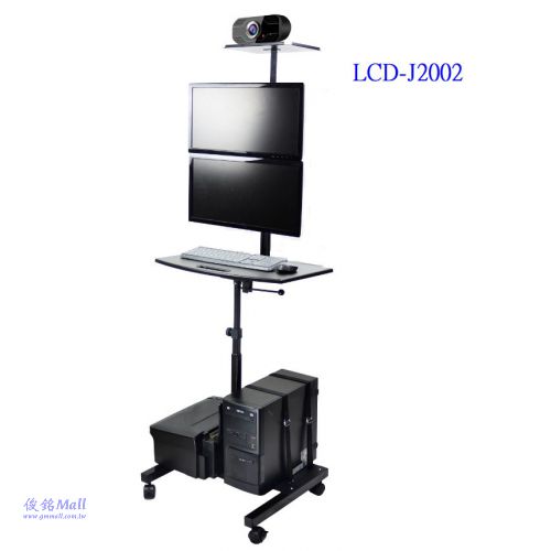 LCD-J2002附視訊架 移動式上下雙螢幕電腦鍵盤螢幕主機桌架,底座鐵製品可載PC及印表機可承重20公斤,可應用為自動化設備移動式控制桌,物流倉儲,機房電腦推車,台灣製品-