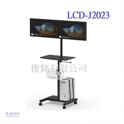 台灣製品,LCD-J2023附不鏽鋼籃子 移動式左右雙螢幕電腦鍵盤螢幕主機桌架,可應用於自動化設備移動式控制桌,物流倉儲,病房巡視查房,機房電腦推車