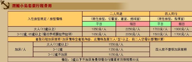 潛鯨小島套裝費用