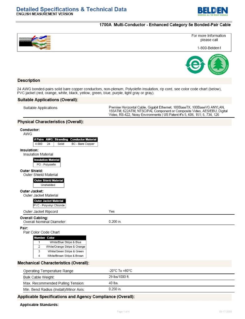 BELDEN CABLE 1700A,1700A PIC1-