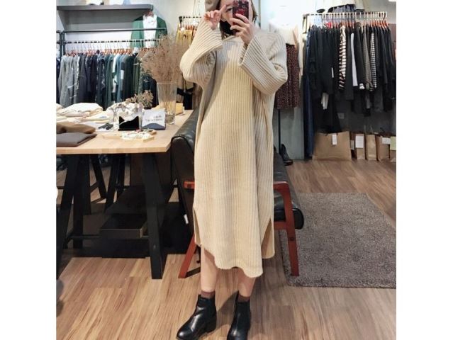 柔感坑條寬袖長洋裝-網購韓服、日韓服飾、精品韓國衣服｜YamiYa