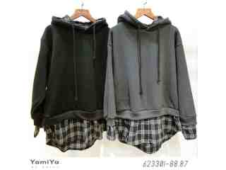 休閒拼接格紋連帽上衣