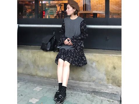 磨毛領結荷葉袖洋裝-網購韓服、日韓服飾、精品韓國衣服｜YamiYa