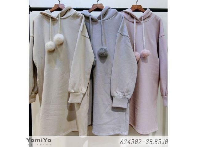 純色毛球抽繩連帽上衣-網購韓服、日韓服飾、精品韓國衣服｜YamiYa