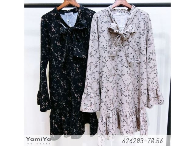 磨毛領結荷葉袖洋裝-網購韓服、日韓服飾、精品韓國衣服｜YamiYa