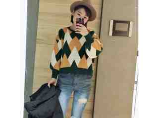 幾何撞色泡袖針織毛衣