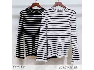 木耳邊條紋寬袖上衣