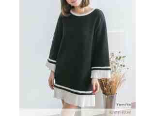 喇叭袖下百褶拼接洋裝